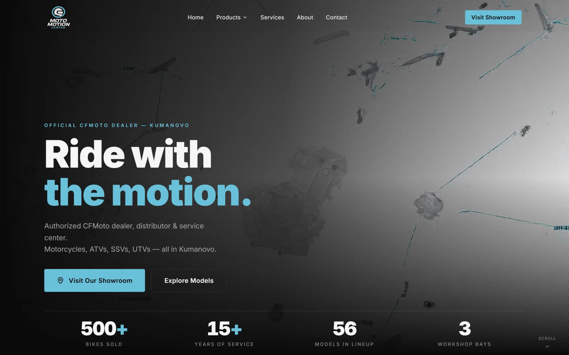 Moto Motion Centar CF Moto storefront home page, desktop and mobile views.
