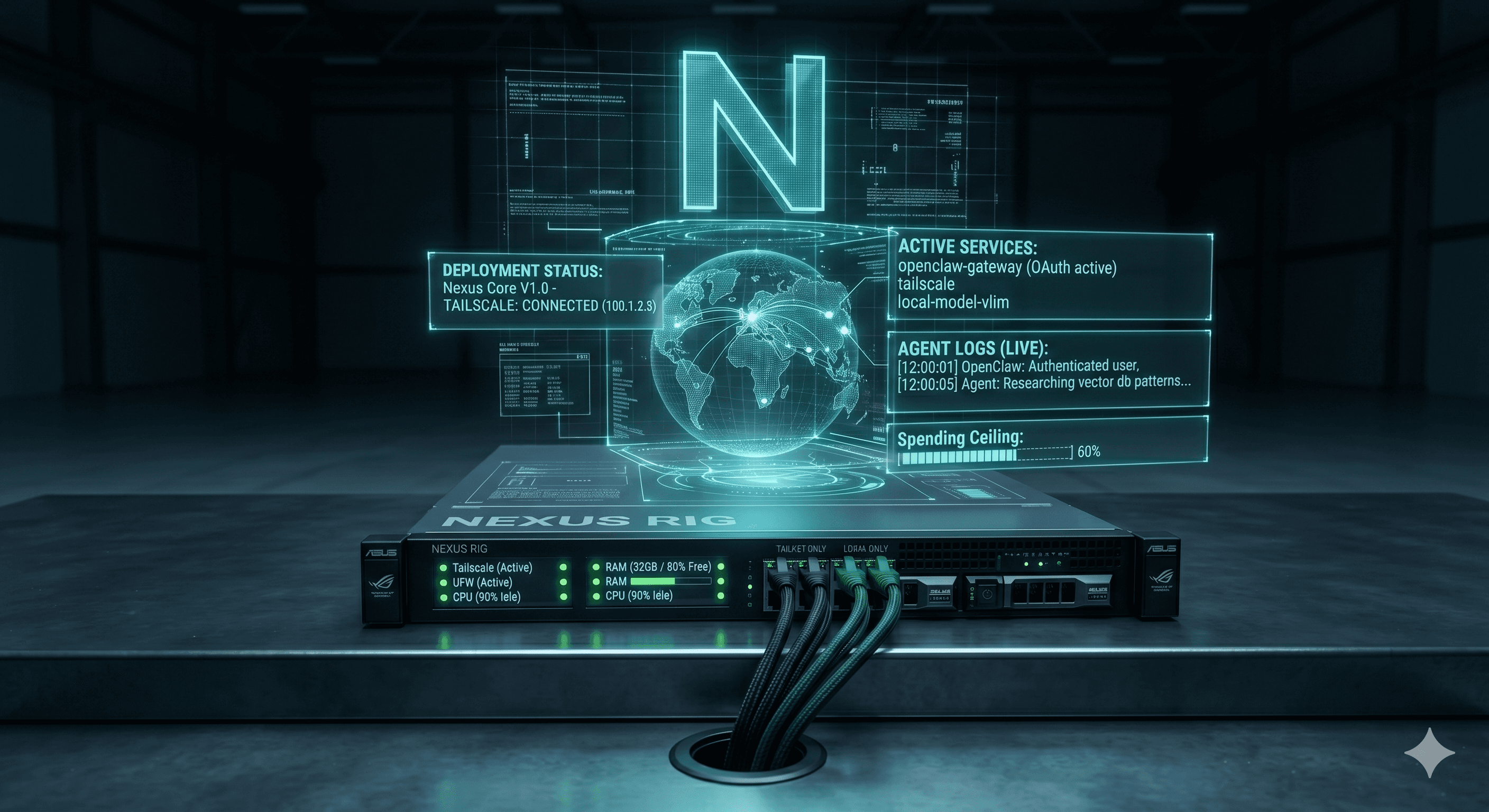 NEXUS rig: self-hosted AI agent server with live status overlay